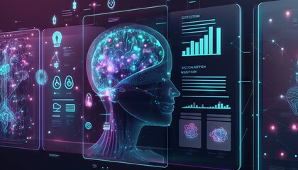 Poster - Digital medical interface with human head and brain hologram over dark background. Generative AI