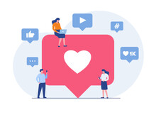 Increase Your Social Media Followers With Successful Marketing Strategies: People Bringing Likes And Reactions To A Social Media Profile. Flat Illustration Vector