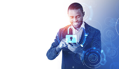 Poster - African American businessman in formal suit typing on smartphone