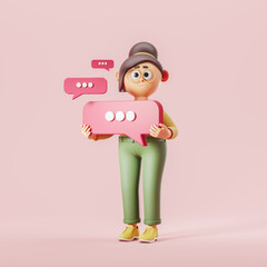 3d rendering. Cartoon woman holding a text message on pink background