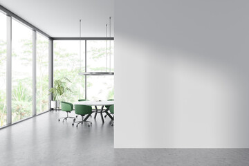 light business room interior with chairs, table near panoramic window. mockup