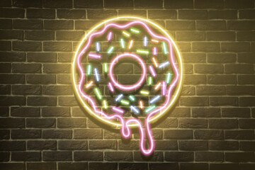 Canvas Print - Doughnut glowing neon sign on brick wall