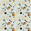Animal bee seamless texture. Seamless pattern with bees and honey, hand drawn, vector. Honey print for fabric, paper. Kids bee seamless pattern. Cute cartoon doodle bees, flowers, honey vector print