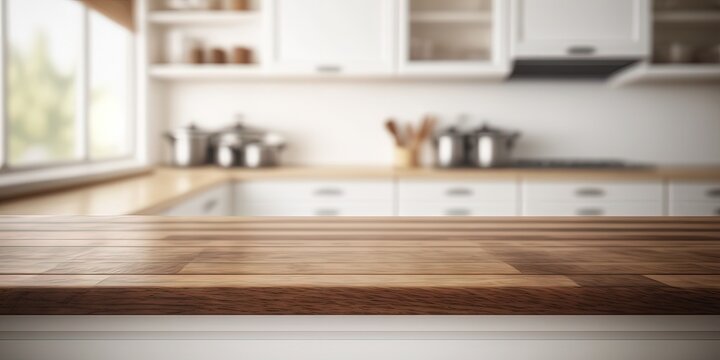 empty wooden table and blurred white kitchen white wall background. wood table top on blur kitchen c
