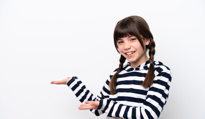 Sticker - Little caucasian girl isolated on white background extending hands to the side for inviting to come