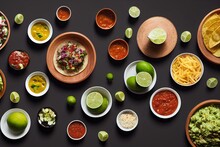 A Wooden Tray Topped With Tacos And Salsas Next To Bowls Of Chips And Salsa Sauces And Limes And Guacamoles.  Generative Ai
