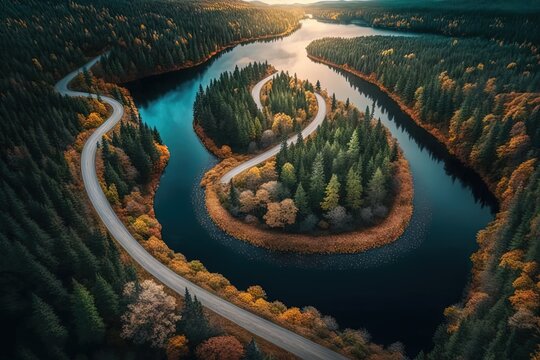 landscape with a forest, a road and a bird's-eye view from a drone