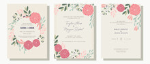 Set Of Wedding Cards, Invitations, Postcards. Pink Orange Flowers And Green Leaves. Flower Composition