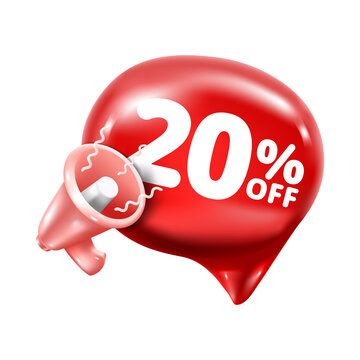 3d speech bubbles tags and megaphone with discount off 20 percent.