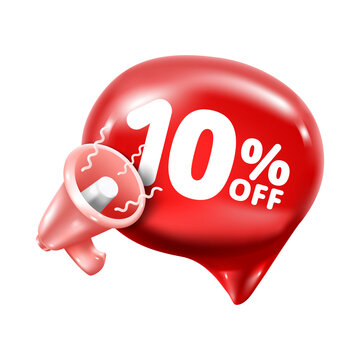 3d speech bubbles tags and megaphone with discount off 10 percent.