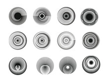 Set Of Circles With A Black Spiral On A White Background And A White Spiral On Abstract Geometric Background.