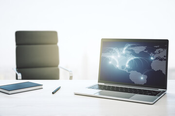 Poster - Modern computer monitor with abstract digital world map with connections, research and strategy concept. 3D Rendering