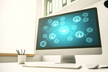 Poster - Modern computer display with social network icons concept. Networking concept. 3D Rendering