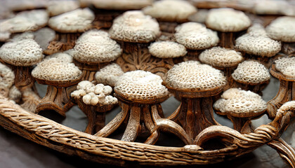 Wall Mural - Top view of fresh mushrooms in a wicker basket on rustic wood with copy space. Generative Ai. Generative Ai