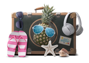 Wall Mural - Vintage suitcase with funny pineapple and beach accessories