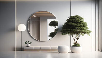 stylish lobby concept with round mirror, pouf, plant and floor lamp, generative ai