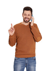 Poster - Man talking on phone against white background