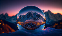 Mont Blanc In Lensball During Blue Hour In Winter. France, Alps.