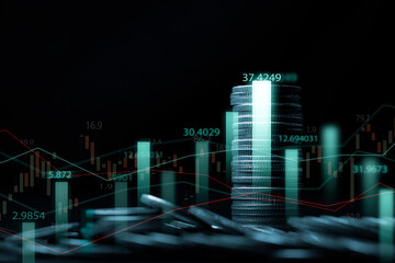 Wall Mural - Coins stacking  and glowing stock market or forex graph chart for trader and investor analysis of economy financial concept.