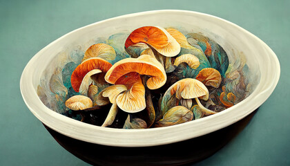 Wall Mural - Bowl of delicious organic oyster mushrooms on colorful background. Generative Ai