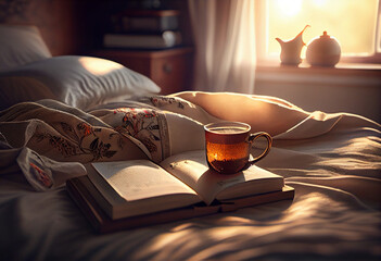 Wall Mural - tray with cup of hot tea in the bed, lazy morning, warm winter mood, AI Generated