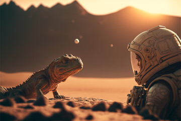 the astronaut looks at an alien creature. uncharted space. expedition and colonization of mars. gene