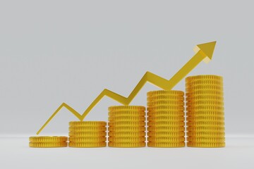 Rising up line graph with gold coins stacking. 3D rendering