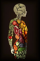 Wall Mural - Woman is made of vegetables and fruit. Vegan lifestyle concept, Healthy food fitness generative ai