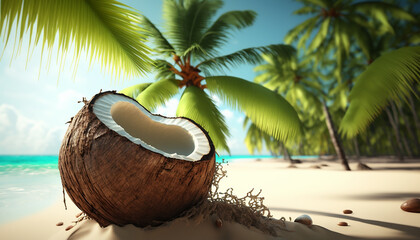 Wall Mural - a coconut on a palm tree on the ocean shore. Generative AI