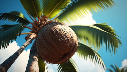 Wall Mural - a coconut on a palm tree on the ocean shore. Generative AI