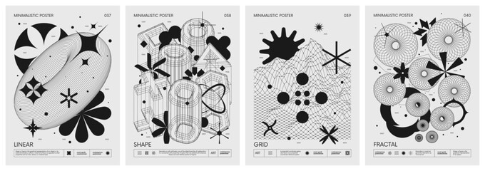 Wall Mural - Futuristic retro vector minimalistic Posters with strange wireframes graphic assets of geometrical shapes modern design inspired by brutalism and silhouette basic figures, set 10