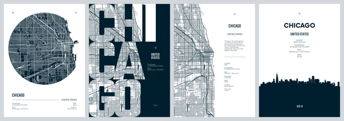 Set of travel posters with Chicago, detailed urban street plan city map, Silhouette city skyline, vector artwork
