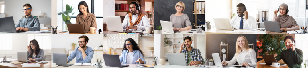 Poster - Multicultural group of people working online, using laptop, collage