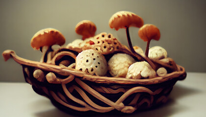 Wall Mural - Mushrooms basket realistic concept with boletus and porcini vector illustration. Generative Ai