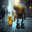 A friendly robot nanny walks with a baby by the hand down a city street on a rainy day. Generated by artificial intelligence.