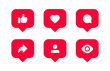 social media notification icons in speech bubble ; thumbs up icon, like, love, comment, share, follower icon signs - like chat bubbles social network post reactions collection set. vector illustration