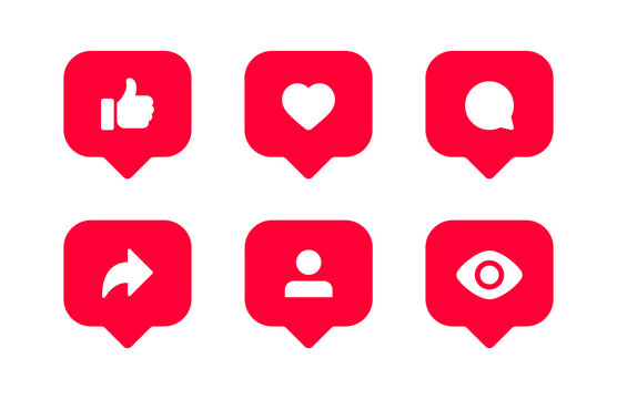 social media notification icons in speech bubble ; thumbs up icon, like, love, comment, share, follo