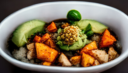 Wall Mural - Vegan bowl quinoa avocado pumpkin with beans and corn in a black bowl. Generative Ai
