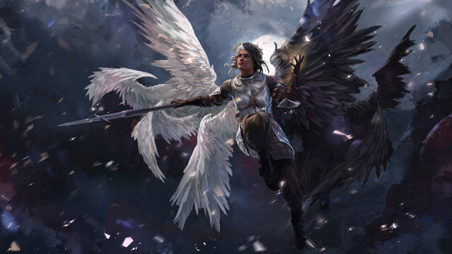 A two-faced angel girl with black and white wings soars in the sky against the background of the moon, she is surrounded by fragments of stars. she holds a spear in her hand and wears a crown. 2d art