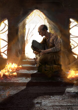 A Blind Old Man Holds In His Hands A Sacred Book Surrounded By Burning Candles. He Is A Sage In A Robe. The Windows Of The Temple Shine With White Light, Sparks And Sunbeams Fly In The Air. 2d Art