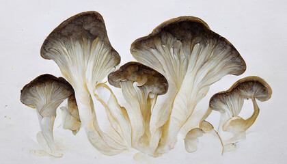 Wall Mural - fresh oyster mushrooms on a white background. Generative Ai