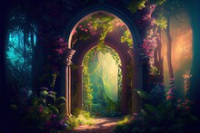 Generative AI Illustration Of Unreal Fantasy Landscape With Trees And Flowers. Sunlight, Shadows, Creepers And An Arch. Garden Of Eden, Exotic Fairytale Fantasy Forest, Green Oasis.