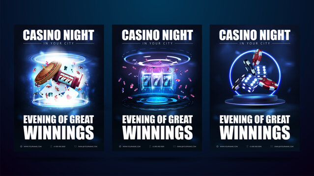 casino night, set of blue digital invitation posters with slot machine, roulette wheel, playing card