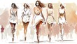 female fashion lingerie show, summer sleepwear, models on a catwalk, watercolor illustration