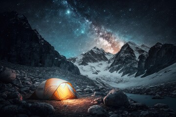 Wall Mural - Night Camping in a Snowy Mountains under Starry Sky Generative AI