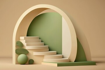 Wall Mural - Product display and advertising stairs and podium with green arch and geometric shapes on beige background. Sample text for mock ups,. Generative AI