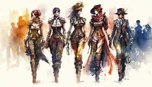 Steampunk Female Fashion Show, Watercolor Illustration