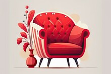Flat Style Fashionable Red Armchair On White Backdrop. The Furnishing Of A Room Such As A Lounge Or Workplace. Furniture For Lounging And Comfort. Illustration In. Generative AI