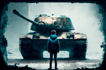 young boy in front of a tank looking for peace in a city at war, generative ai