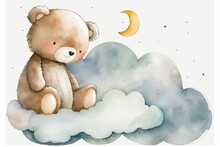 Cute Watercolor Hand Drawn Image Of A Cartoon Bear On The Moon And Clouds That May Be Used For A Baby Shower Or A Child's Poster And Has A White Isolated Backdrop, Generative AI